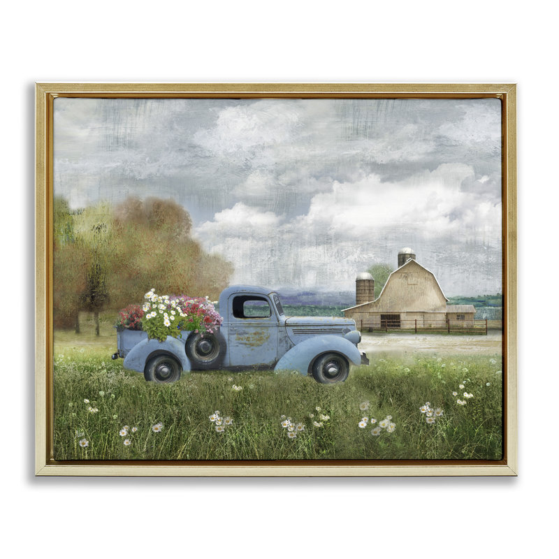 Camion bleu rétro dans un pré, H 25 po x l 31 po, Cadre flottant métallique doré