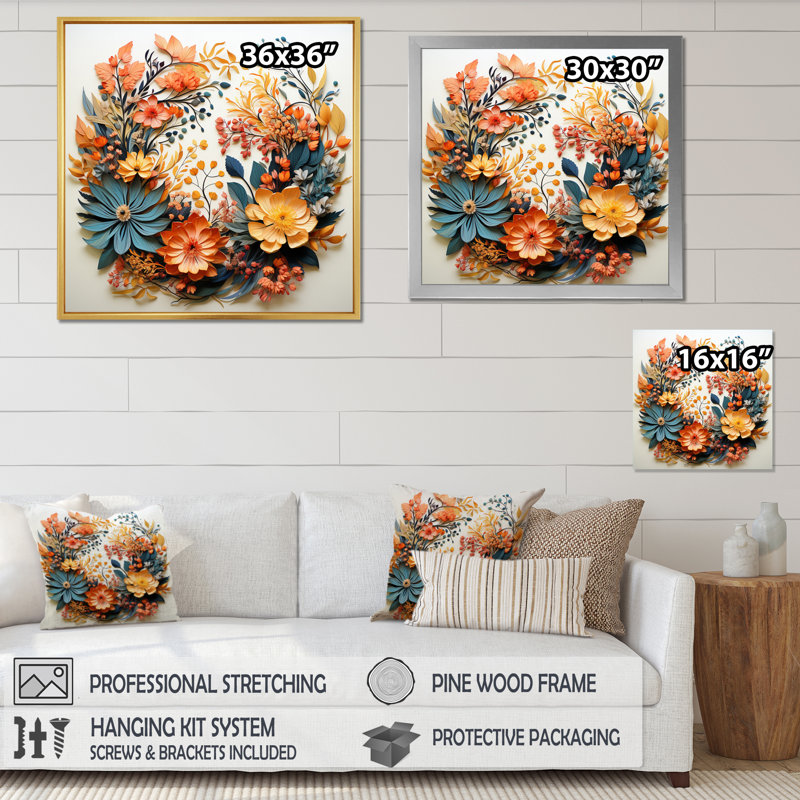 Couronne florale beige et orange III, reproduction sur toile, H 24 po x l 24 po x P 1 po, Or