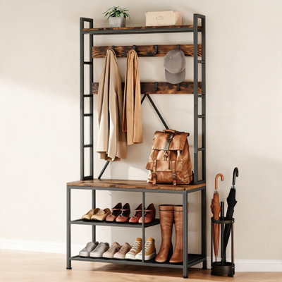 Flame clouds Coat Rack with 8 Hooks, Iron and MDF Hall Tree, Entryway Shoe Storage Bench, 93 x 126 cm