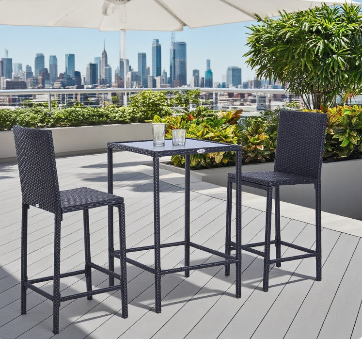 Ensemble de bar en rotin avec plateau en verre, tabourets de bar pour l'extérieur