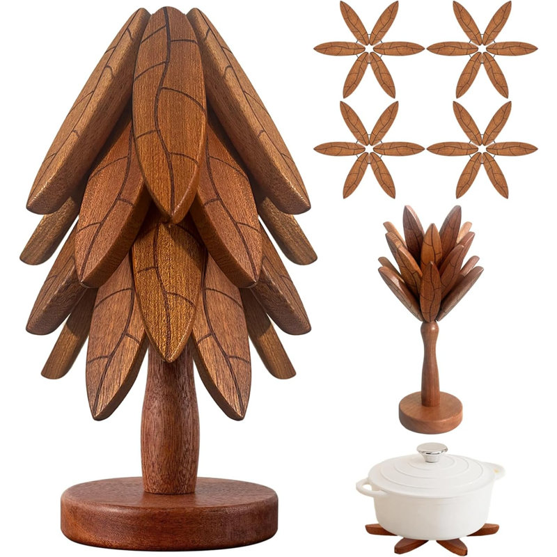 Sous-verres, sous-plat en bois pour plats chauds / marmites / théières / casseroles, ensemble de sous-plat en forme d'arbre - 4 sous-pieds en bois + 1 support rangé, cadeaux de cuisine pour lui (motif de feuille - 4 pièces)