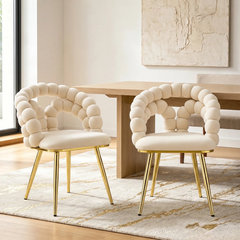 Chaises de salle à manger modernes en velours avec dossier gonflé et pieds dorés (ensemble de 2), Beige