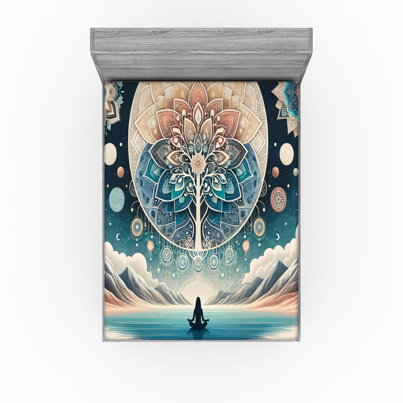 Drap-housse Ambesonne Mandala_ Mystic Land Arcane World_ Turquoise foncé et pêche, Drap-housse très grand californien