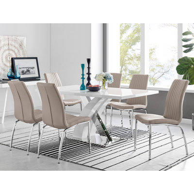Ensemble de table de salle à manger Edzard en chrome et blanc ultrabrillant avec 6 chaises de luxe en similicuir