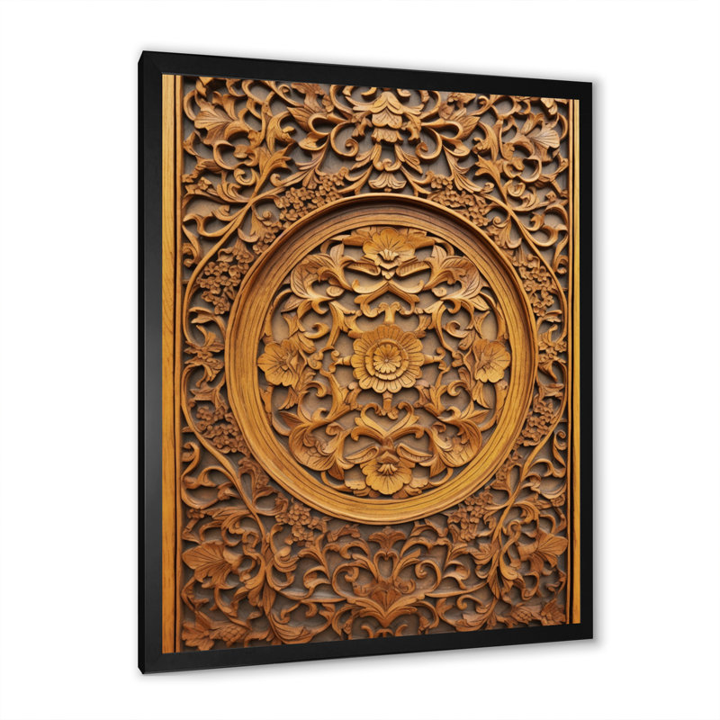 Vieille porte en bois sculpté VII, H 20 po x l 12 po x P 1 po, Cadre simple noir