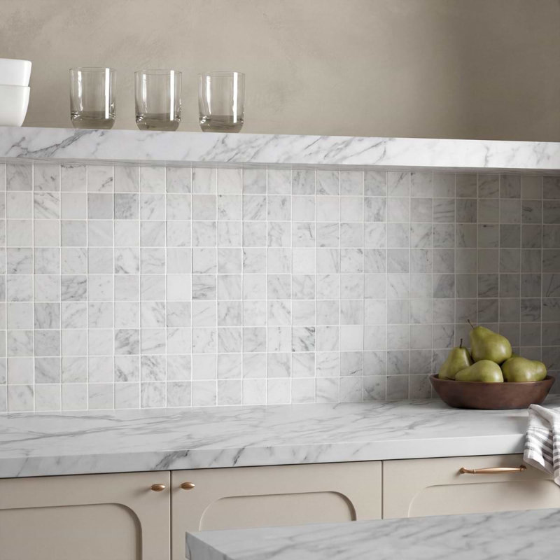 Carrara 1x6 Stacked Honed Marble Mosaic Floor and Wall Tile, 1.88" W x 1.88" L, Honed, Grid