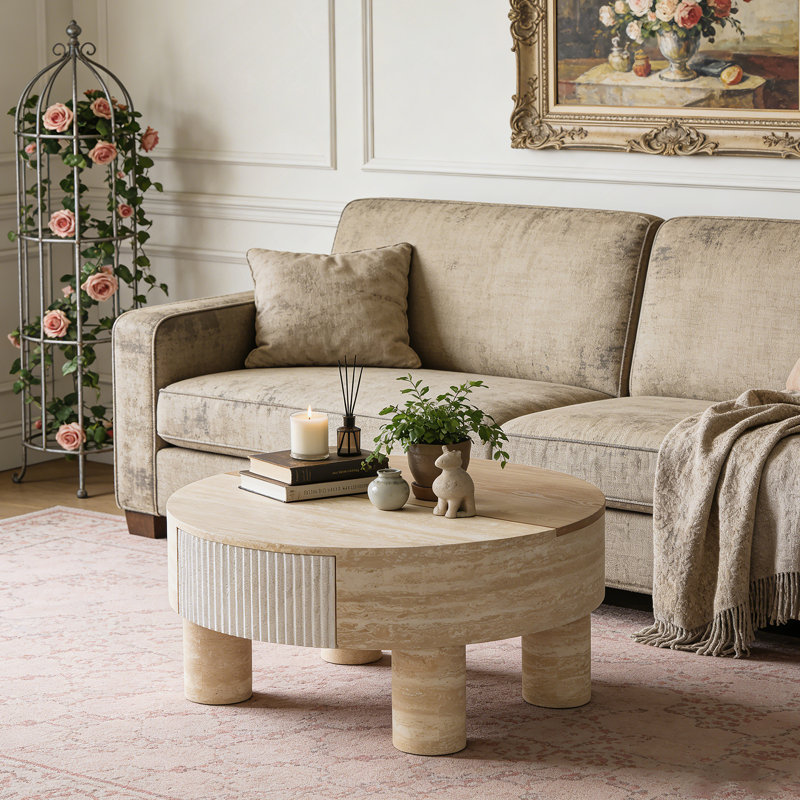 Table basse ronde avec plateau rabattable et compartiment de rangement caché