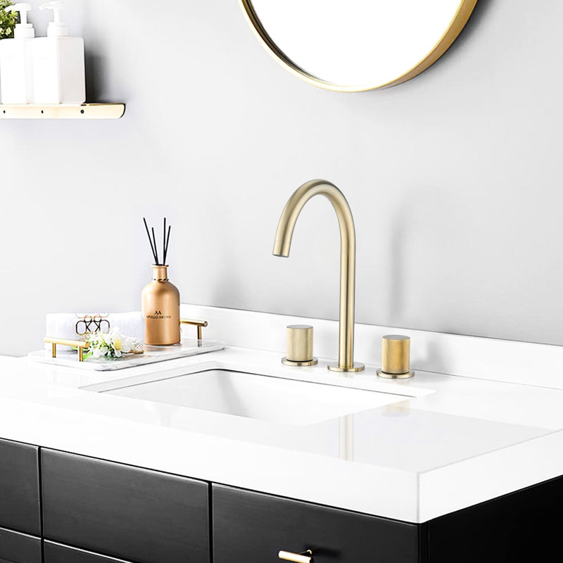 Brushed Golden Bathroom Faucet - 8 Inch Widespread, Two Knob Handles, 360 Swivel Spout, Rust & Corrosion In Widespread Style With Foaming Device For Reduced Water Consumption