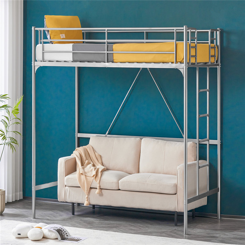 Upgrated Twin Loft Bed With Ladder Metal Bunk Bed With Flat Step Ladder For Kids Teens Adults, Gray
