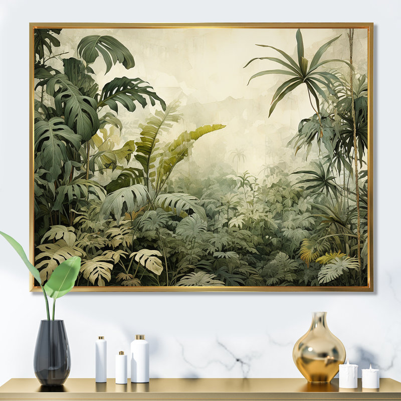 Paysage de jungle rétro - art mural jungle, Cadre flottant doré, H 16 po x l 32 po x P 1 po