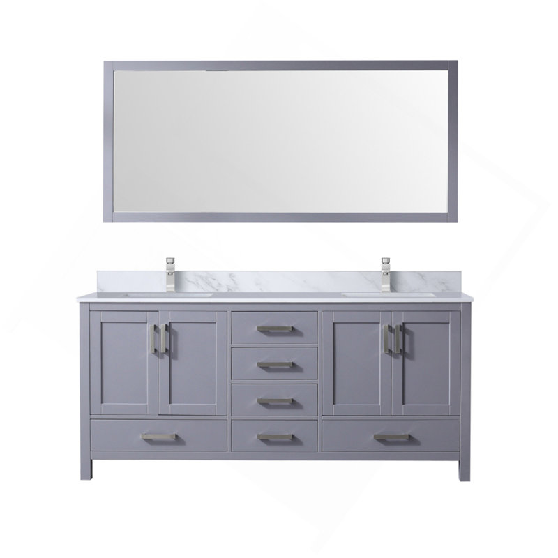 Meuble-lavabo double gris foncé de 72 po X P 22 po , Comptoir en marbre de Carrare, ensemble de robinet et Miroir