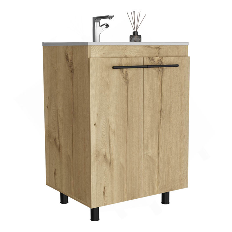 Free Standing Sink Cabinet, Four Legs, Double Door Cabinet, Two Shelves, Light Oak, Beige