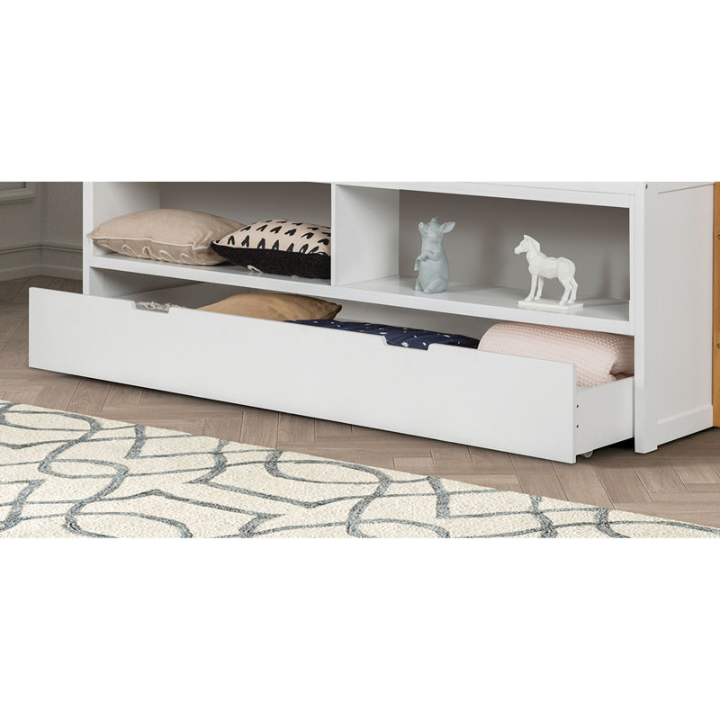 Lit capitaine transitionnel simple avec lit gigogne, finition blanc / chêne, bois d'ingénierie, tablettes latérales et ouvertes
