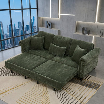Canapé-lit gigogne de 86 po, canapé-lit convertible 3 en 1, canapé 3 places moderne avec garniture cloutée et accoudoirs roulés pour salon, appartement, bureau, chenille beige