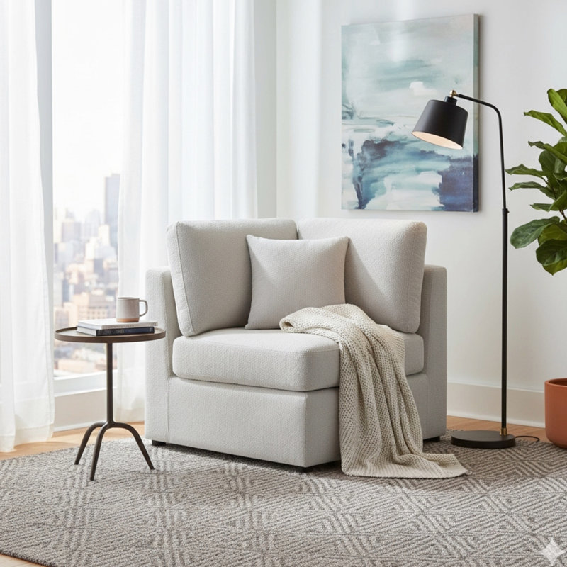 Fauteuil d'angle gris, pour une maison moderne, tissu facile à nettoyer, accoudoirs carrés, coussins d'assise amovibles et réversibles, aucun assemblage requis, coussin décoratif inclus, structure robuste, coussin d'assise moelleux