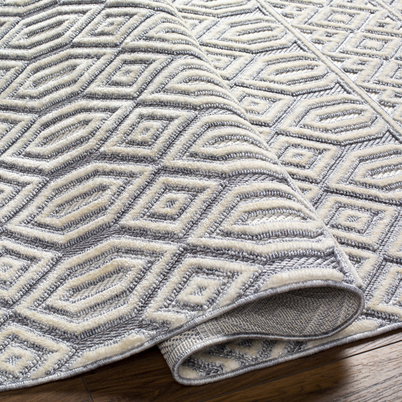 Tapis gris / ivoire en polyester tissé à la machine Angadresma, Rectangle 9 pi 2 po x 12 pi