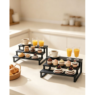 3-Tier Extendable Cabinet Shelf Organisers Set of 2, Black