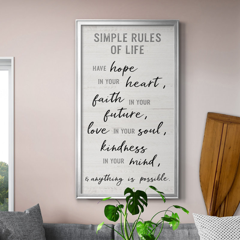 Simple Rules of Life - Art textuel sur toile encadré, H 22,5 po x l 42,5 po x P 1,5 po, Cadre argenté