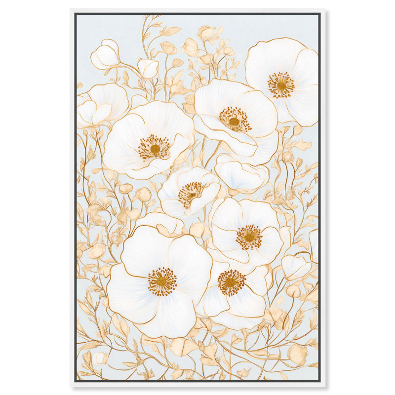 «White and Gold Poppies I», art floral élégant par , H 16 po x l 11 po, Cadre flottant blanc