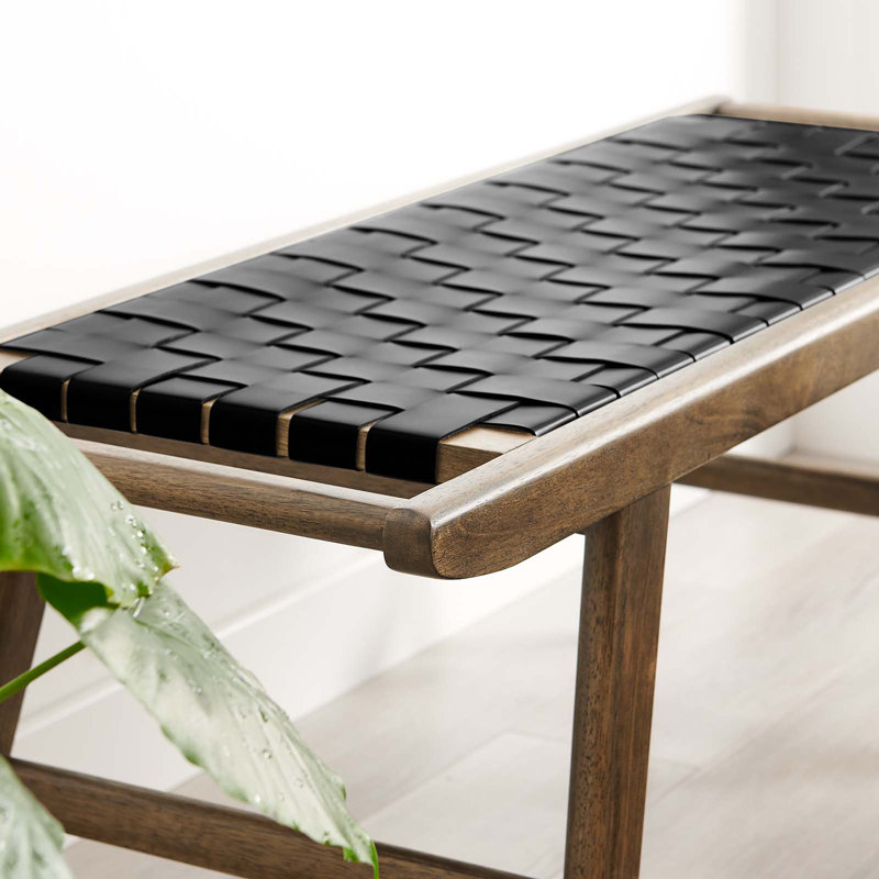Saoirse 47" Faux Leather Wood Bench, Light Black, Walnut