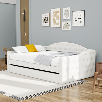 Twin Wooden Upholstered Daybed with USB, Type-C Charging Ports, Trundle and Slats