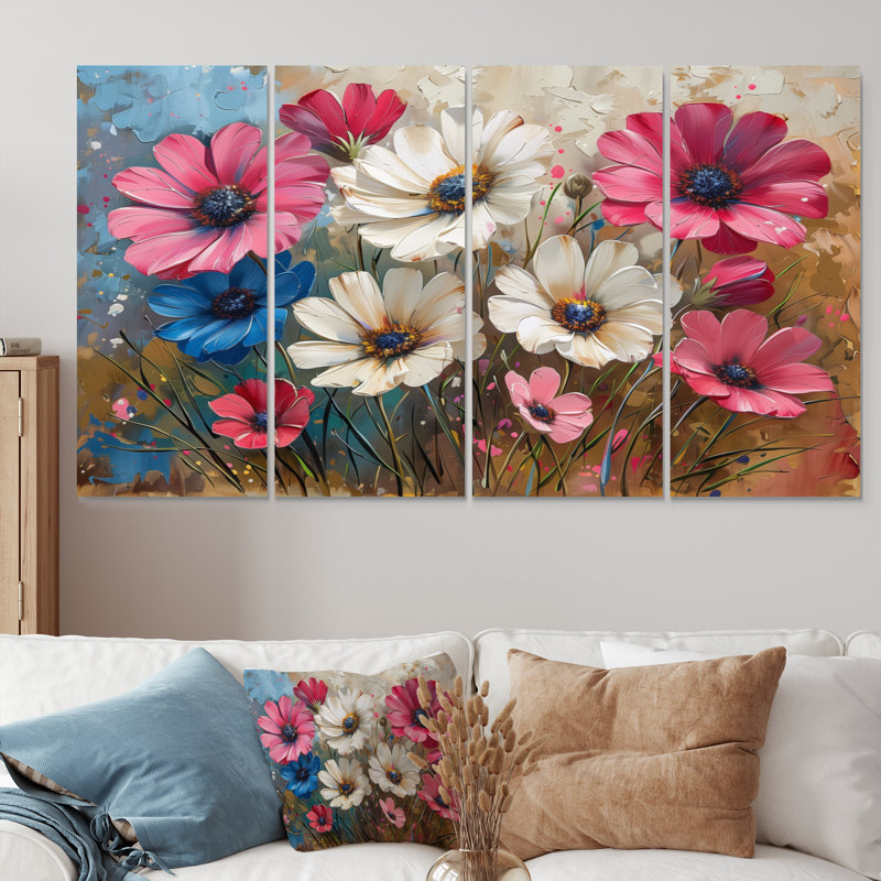 Ensemble de salon art mural bleu et rose avec fleurs bleues et fleuries Beauties I, H 28 po x l 48 po