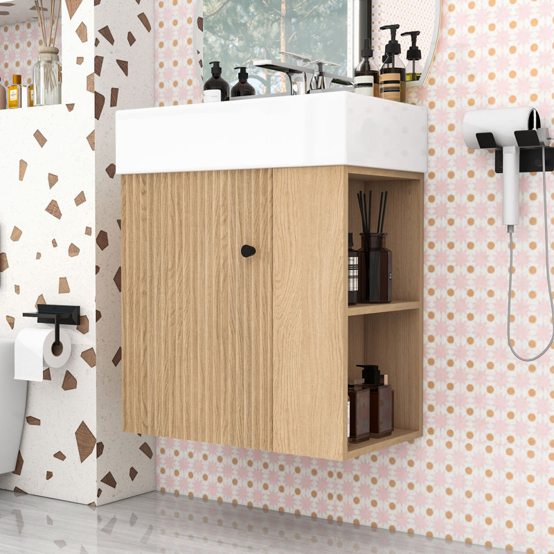 Maurice Modern Floating Bathroom Vanity with Ceramic Sink, Wave-Patterned Door and Storage Shelves, Wood