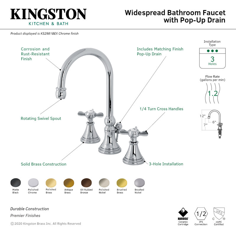 Kingston Brass Essex Two-Handle 3-Hole Deck Mount Widespread Bathroom Faucet with Brass Pop-Up Drain, Polished Chrome