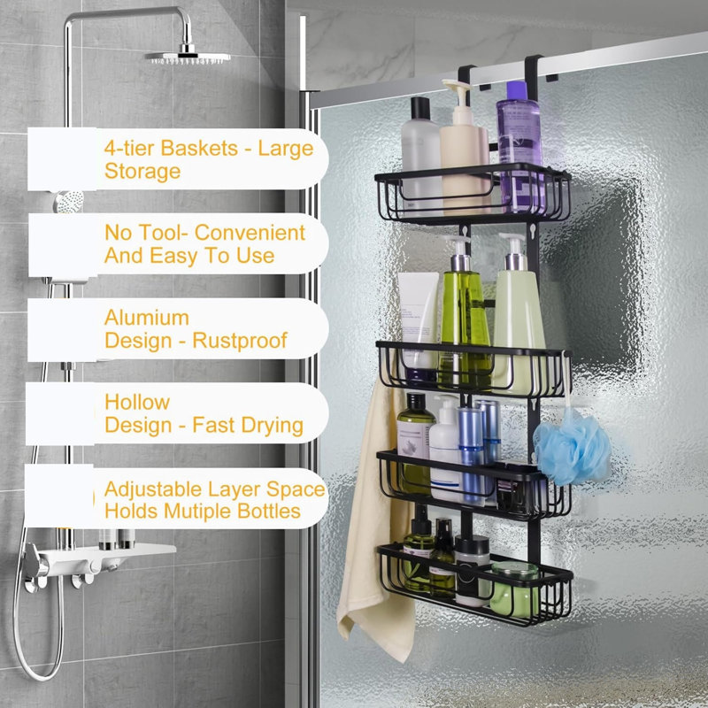 Black Hanging Shower Caddy 4 Tier, Over Door Shower Organizer, 80 x 31 x 20 cm