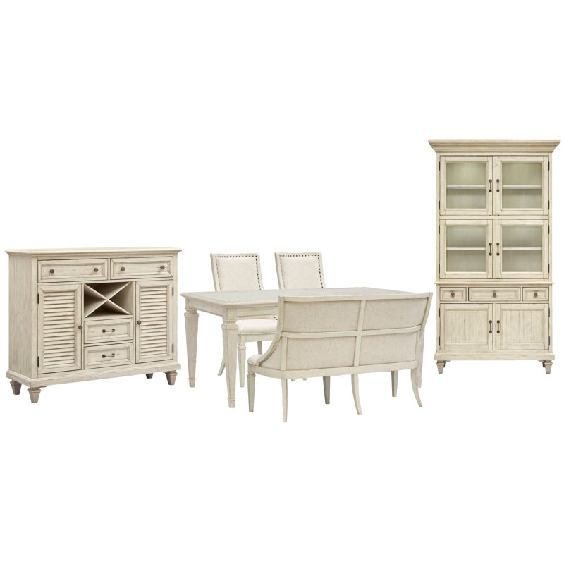 Extendable Rectangular Dining Table With 2 Arm Chairs Upholstered Bench Server And Dining Cabinet