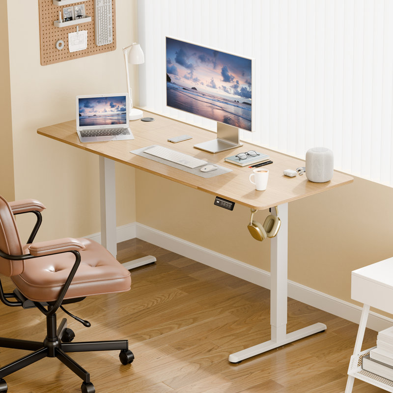 Electric Adjustable Height Standing Desk, 46.5" H x 63" W x 23.6" D, Natural / White