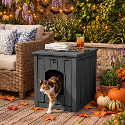  21.42"H 3-in-1 Resin Pet House: Hidden Litter Box Enclosure with Side Table