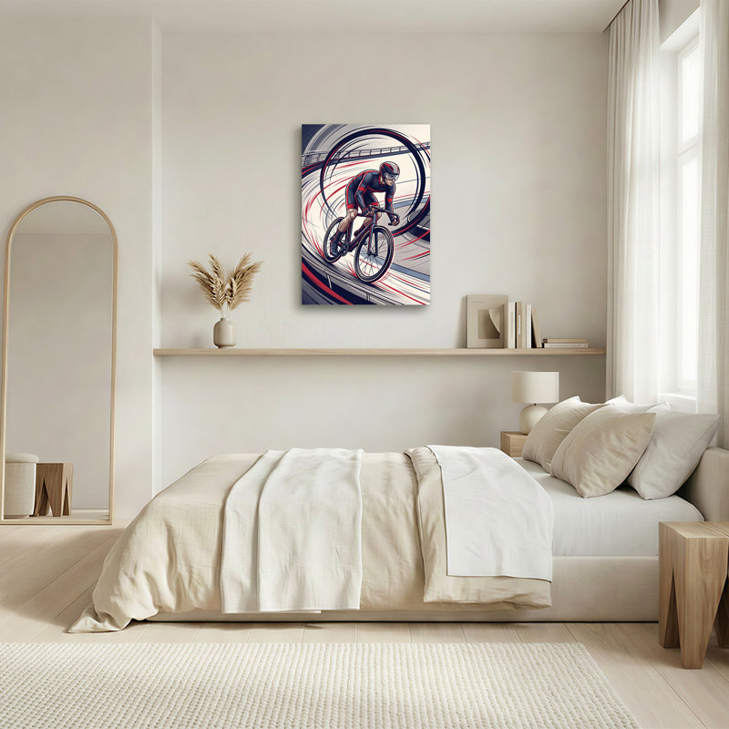 «Cyclist Racing on Velodrome Track» sur toile rouge et noire, 24"H x 18"W