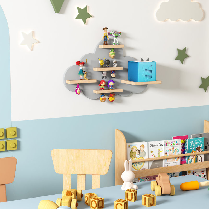 Grey Cloud Tonie Shelf Wall Mounted, Magnetic Floating Shelves For Toniebox, Tonies Characters, Wooden Tonie Storage Shelf
