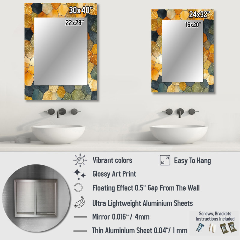 Colorfull Hexagone II - Abstract Shapes Wall Mirror, Modern Decorative Mirror, Printed Metal Art, 32" x 24"