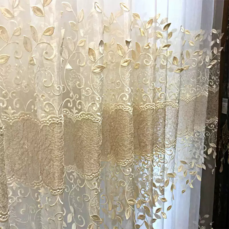 Luxury Tulle Curtains for Living Room Beige Sheer Curtain 3D Leaves Embroidery Yarn Bedroom Gauze Drapes for Window Decoration 2 Panels Grommet top (W42in*L98in 2 Panels)