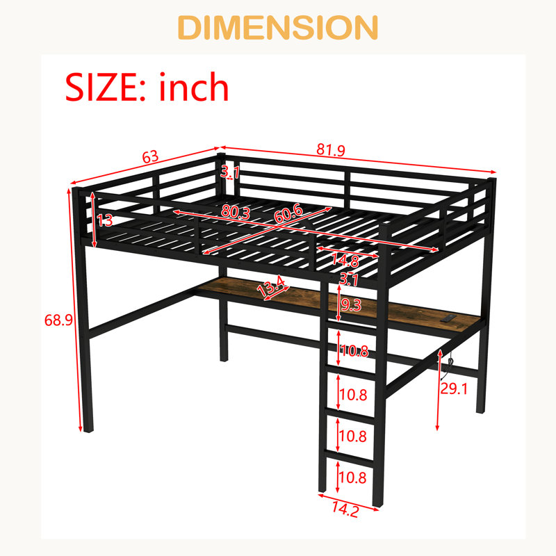 Metal Queen Size Loft Bed With Power Outlet And LED Lighted, Space-Saving, Noise Reduced