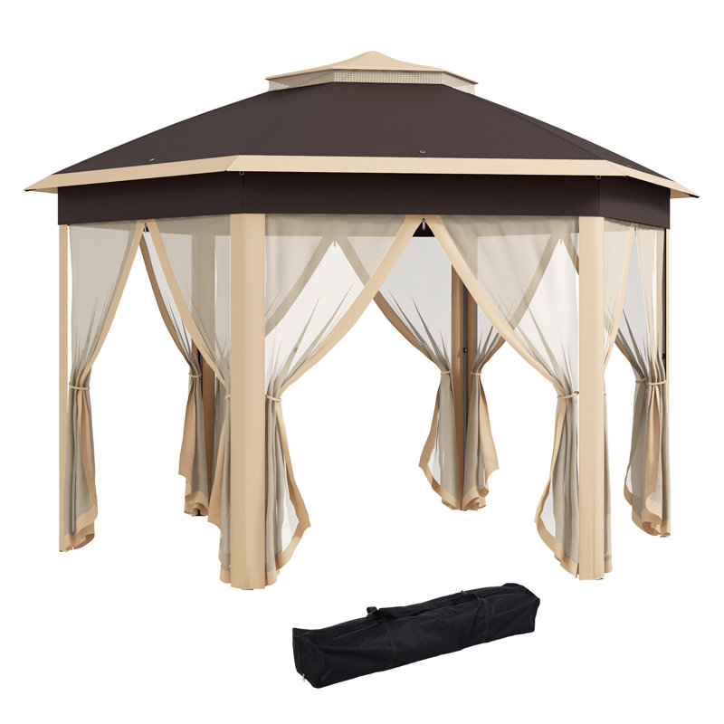 Pavillon de jardin hexagonal escamotable 13,3 pi X, beige. Structure en acier pour patio, cour, jardin, mariage, fête, filet à 6 fermetures à glissière, auvent de pavillon de longue durée, beige. Structure robuste, 2 ventilations, protection