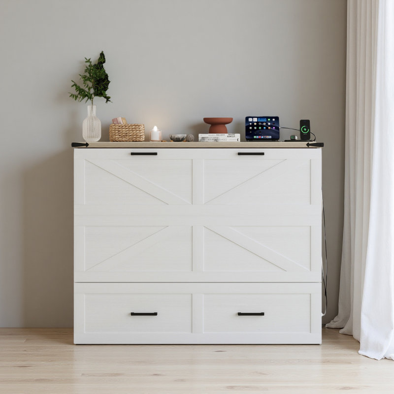 Lit escamotable avec station de charge Murphy, Lit double, Blanc