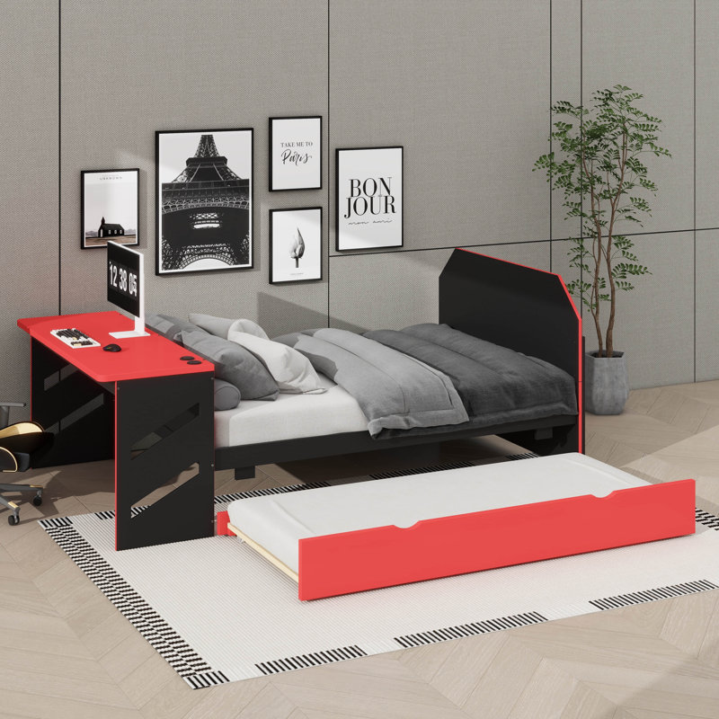 Lit de jour en bois double - Lit gigogne simple, bureau et ports de chargement USB inclus, Rouge