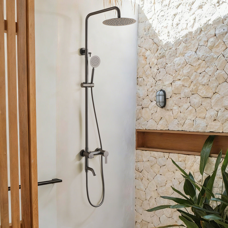 Ensemble de robinet de douche d'extérieur gris bronze industriel, pomme de douche à pluie avec douchette