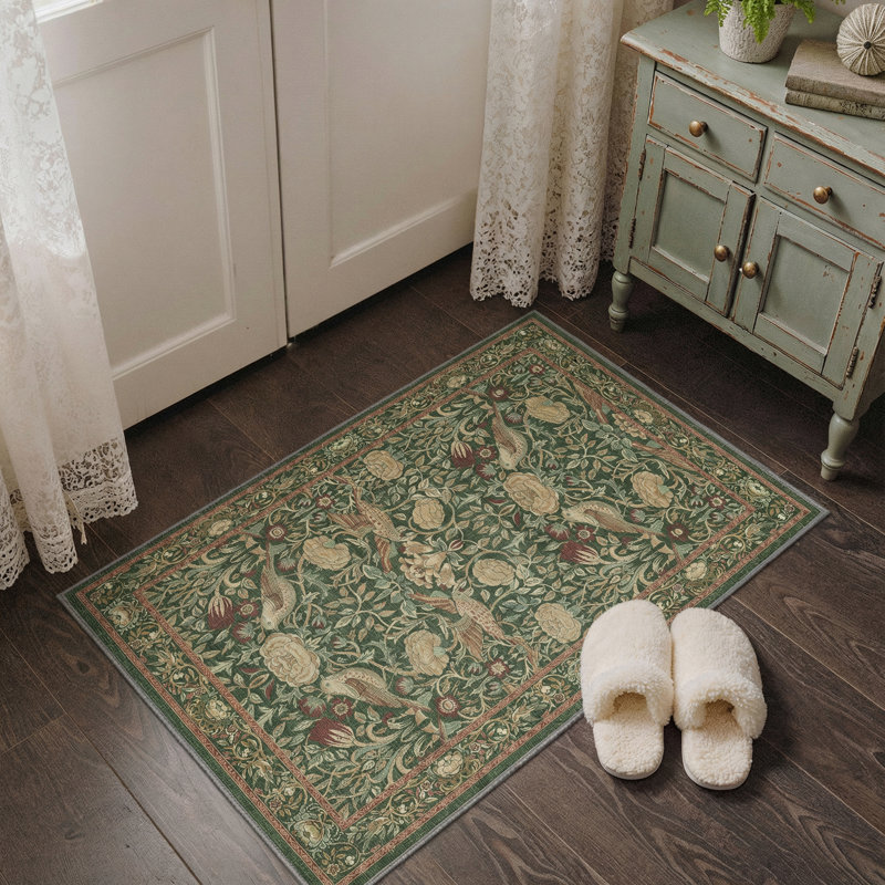 Vintage William Morris Botanical Floral Area Rug - Machine Washable Non-Slip Sage Green Red Yellow Carpet, Low-Pile Pet Friendly Rug for Living Room