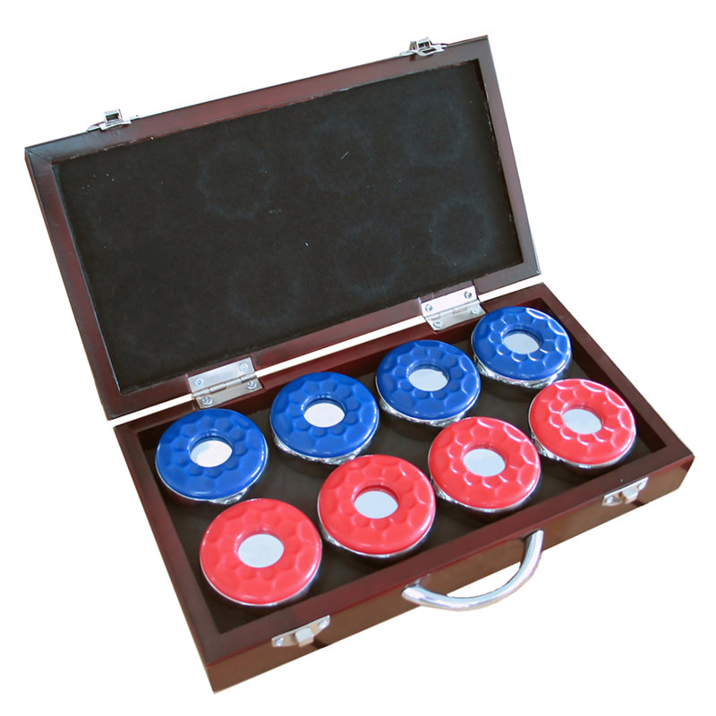 Hathaway Shuffleboard Pucks Set of 8 – Regulation Sized Shuffleboard Discs with Dimpled Top for Easy Grip & Beveled Edge for Better Control, & Sturdy Dark Cherry Wooden Case – Shuffleboard Accessories