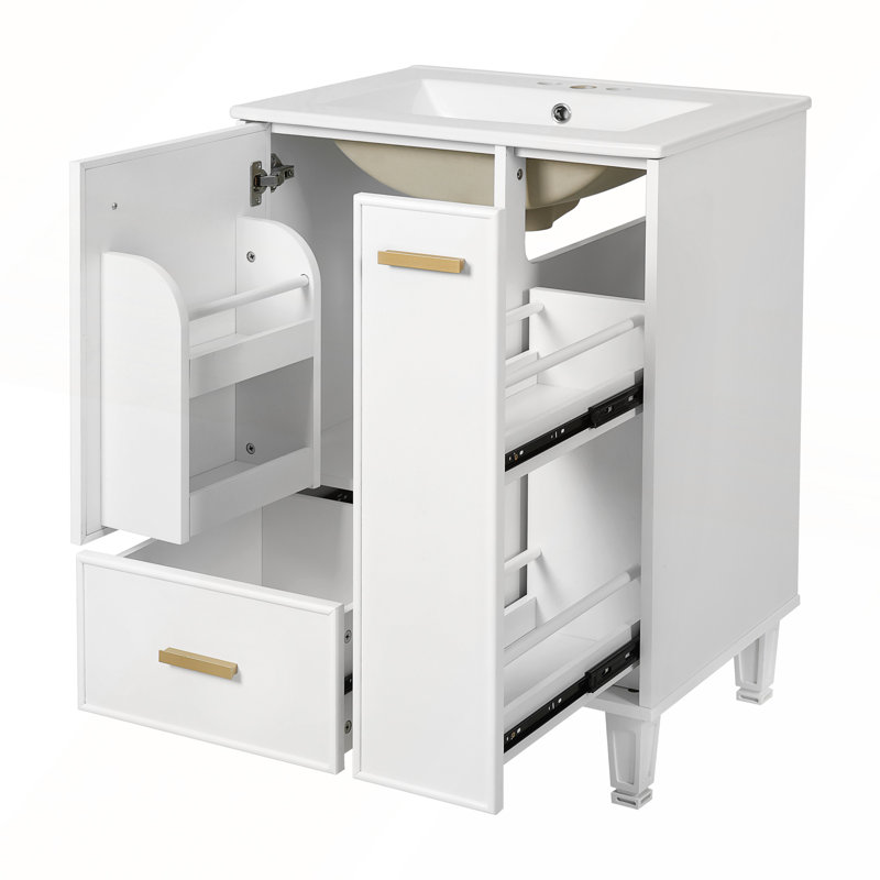 Meuble-lavabo de 24 po avec lavabo, structure en bois massif, tiroir profond et panier coulissant à 2 niveaux, Blanc