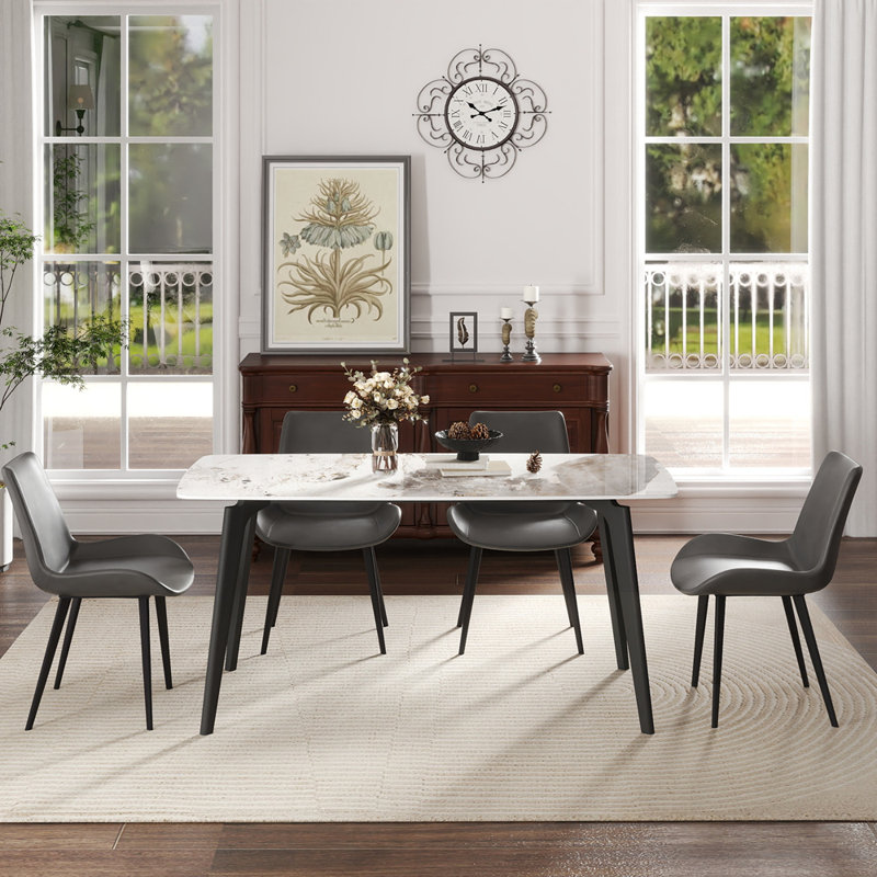 Table de salle à manger 62,99 po en pierre artificielle moderne à bord arrondi gris foncé et pieds en métal gris foncé pouvant accueillir 6 personnes (table de salle à manger seulement)