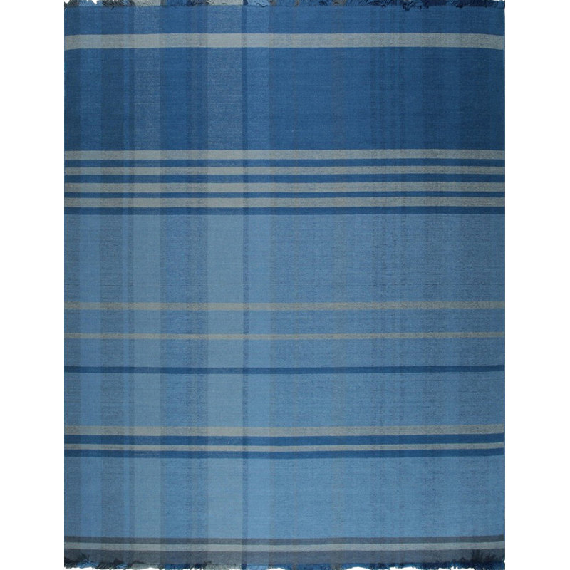 Benancia Blue Flatweave Wool Denim Contemporary Plaid Hand-Knotted Area Rug, Rectangle 4' x 6'