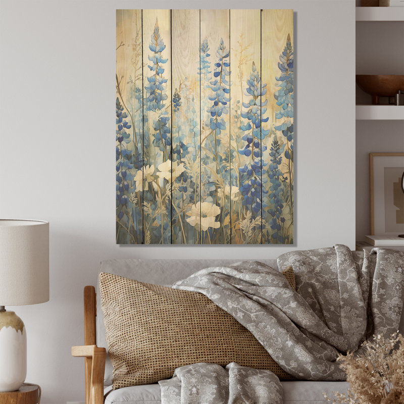 «Blue Bonnets Field Tranquility - Blue Bonnets», art mural sur bois de pin naturel, H 40 po x l 30 po