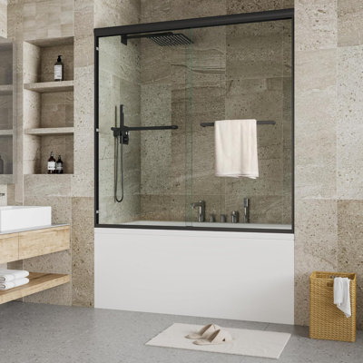 Frameless Bathtub Shower Door, 56-60" Adjustable Width x 59" H, 1/4" (6mm) Tempered Glass with Explosion-Proof Film, Matte Black Finish, Double Sliding Design
