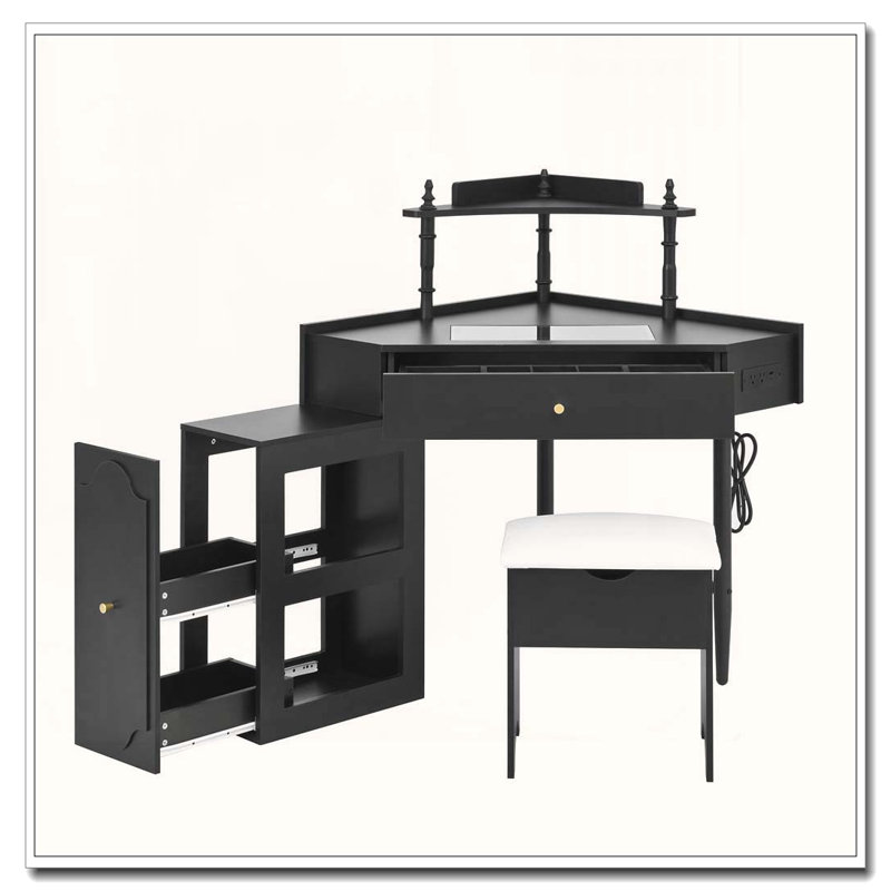 Corner Vanity Desk Set with Storage Stool and Charging Station, Black