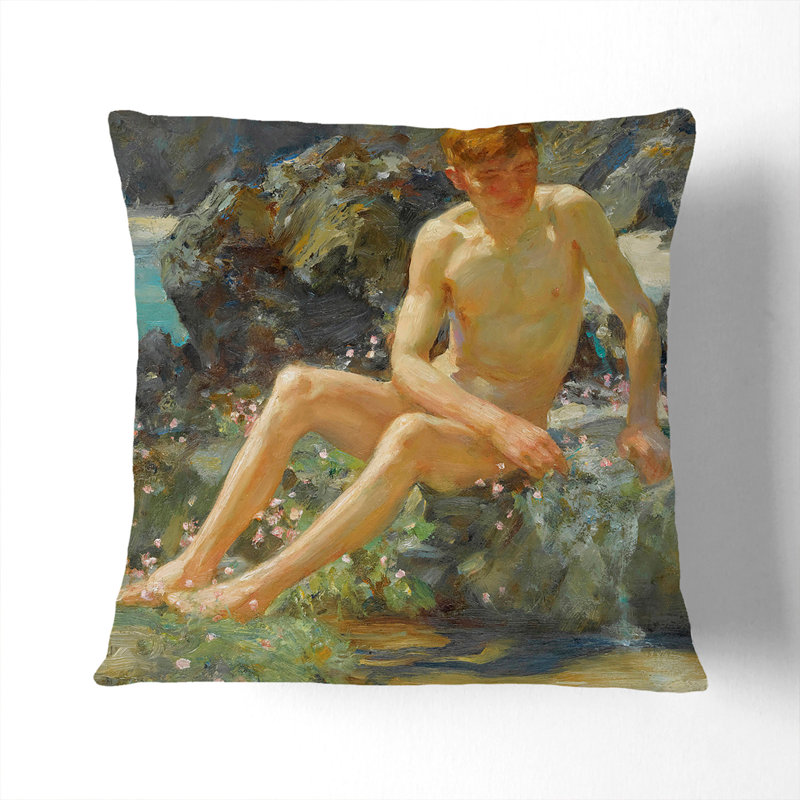 Nude Man On The Rocks Square Throw Cushion, 55cm H x 55cm W x 20cm D, Black